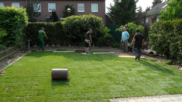 Mitarbeiter verlegen Rollrasen Bahn für Bahn in einem Hausgarten